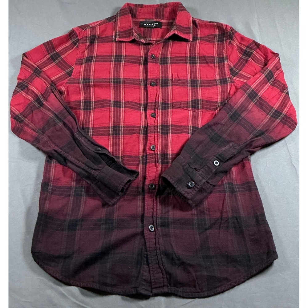 PacSun Mens Medium Red Black Ombre Plaid Flannel Button Down Shirt Long Sleeve